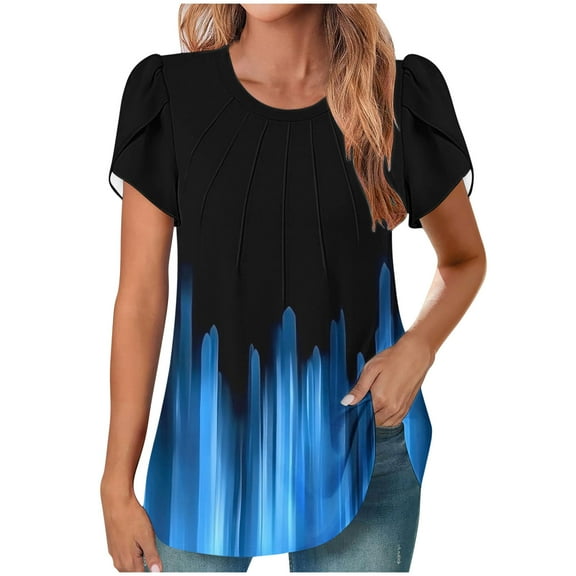 WRKEKC Summer Blouses for Women Short Sleeve Round Neck Front Pleated Print Top with Stylish Comfortable Fabric