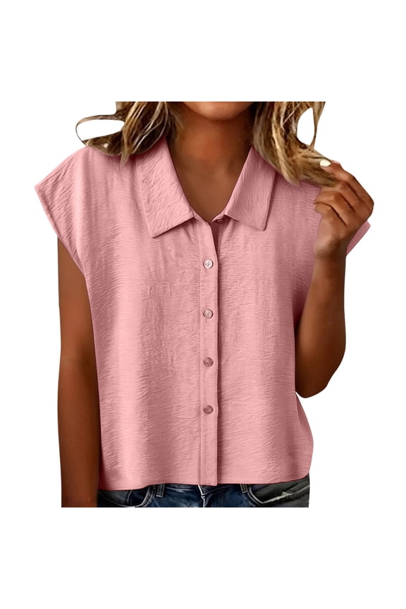 Summer Blouses for Women Smart Casual Camp Collar Cap Sleeve Textured Solid Metal Button Front Soft Breathable Fabric