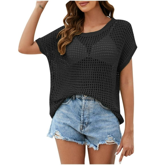 WRKEKC Summer Blouses for Women Solid Color Hand Crochet Overblouse Loose Plus Size Knit Top Short Sleeve Round Neck