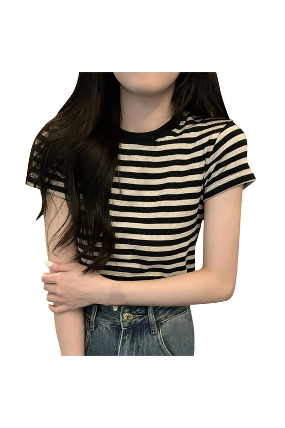 Summer Blouses for Women Striped Round Neck Short Sleeve Casual Top Lightweight Material Trendy Style Everyday Wear