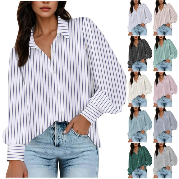 WRKEKC Summer Blouses for Women, Summer T-Shirts for Women, Women's Lapel Neck Casual Blouse Lantern Long Sleeve Solid Color Button T-Shirt Tops