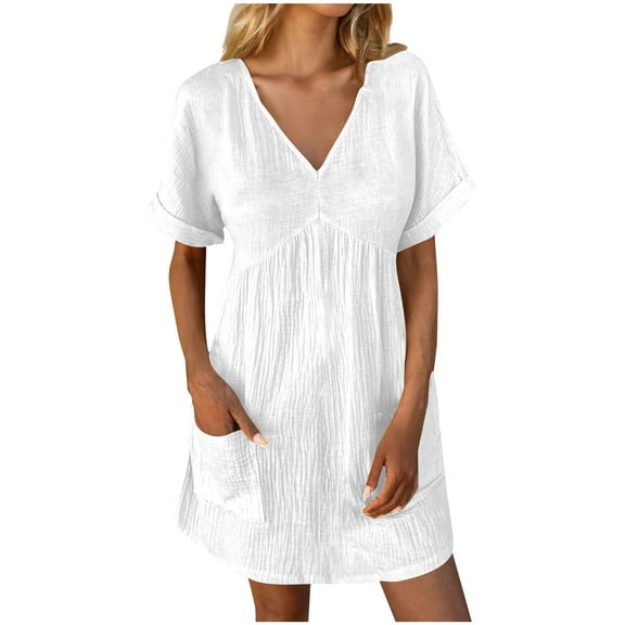 WRKEKC Summer Casual Dresses for Women, Sundresses for Women 2025, Women's Short Sleeve V-Neck Solid Color Pockets Short Sleeve Dress