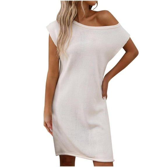 WRKEKC Summer Casual Dresses for Women, Womens Plus Size T-Shirt Dresses, Knee Length Dress for Women,Women's Casual Solid Color off Shoulder Summer Short Sleeve Round-Neck Dress