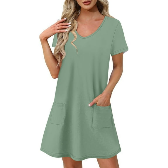 WRKEKC Summer Casual Dresses for Women, Womens T-Shirt Dresses, Women's Trendy Summer Loose Fitting Dresses Solid Color Short Sleeve V-Neck Casual Dress