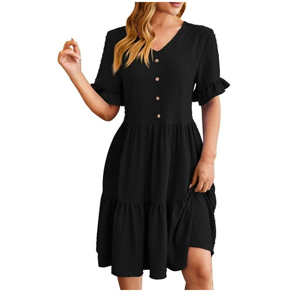 WRKEKC Summer Casual Dresses for Women, Womens T-Shirt Dress, Women's Summer V-Neck Ruffle Sleeve Dresses Casual Flowy Sundresses Button Floral Mini Pleated Dress