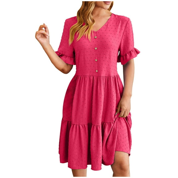 WRKEKC Summer Casual Dresses for Women, Womens T-Shirt Dress, Women's Summer V-Neck Ruffle Sleeve Dresses Casual Flowy Sundresses Button Floral Mini Pleated Dress