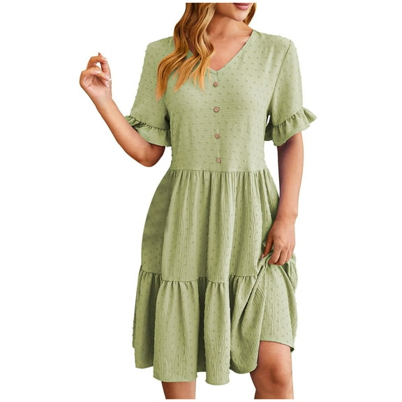 WRKEKC Summer Casual Dresses for Women, Womens T-Shirt Dress, Women's Summer V-Neck Ruffle Sleeve Dresses Casual Flowy Sundresses Button Floral Mini Pleated Dress