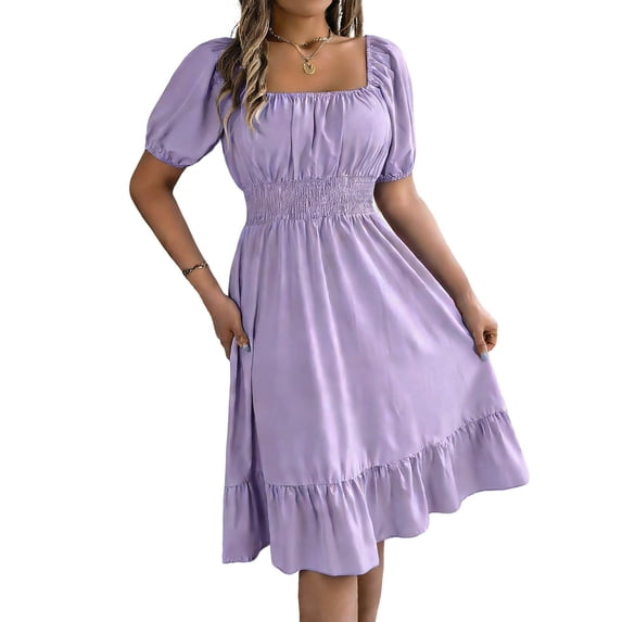 WRKEKC Summer Dresses for Women Solid Square Neck Puff Sleeve Elastic Smocked Waist Ruffle a Line Midi Flowy