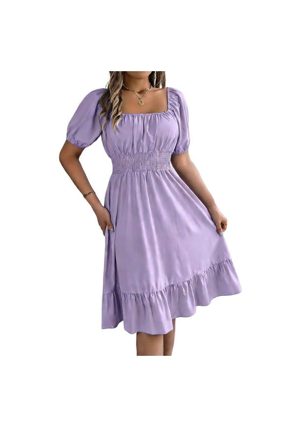 Summer Dresses for Women Solid Square Neck Puff Sleeve Elastic Smocked Waist Ruffle a Line Midi Flowy