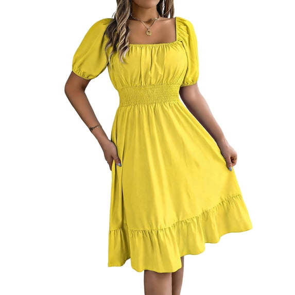 WRKEKC Summer Dresses for Women Solid Square Neck Puff Sleeve Elastic Smocked Waist Ruffle a Line Midi Flowy