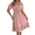 thumbnail image 1 of WRKEKC Summer Dresses for Women Solid Square Neck Puff Sleeve Elastic Smocked Waist Ruffle a Line Midi Flowy, 1 of 7