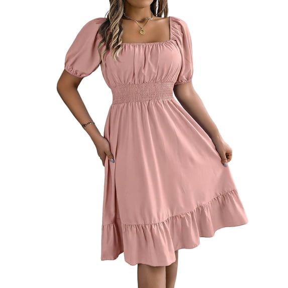 WRKEKC Summer Dresses for Women Solid Square Neck Puff Sleeve Elastic Smocked Waist Ruffle a Line Midi Flowy
