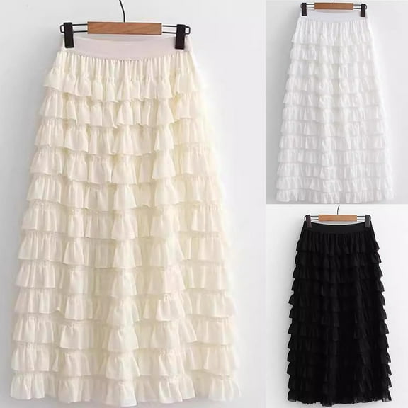 WRKEKC Summer Maxi Skirt, Casual Skirts for Women, Women's Trendy Solid Color Puff Hem Mesh Swing Tiered Elastic Waist Pleated Long Skirt