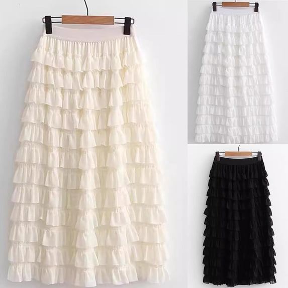 WRKEKC Summer Maxi Skirt, Casual Skirts for Women, Women's Trendy Solid Color Puff Hem Mesh Swing Tiered Elastic Waist Pleated Long Skirt