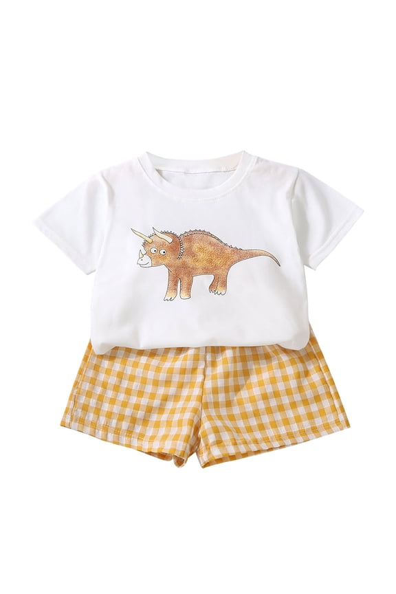 Summer Outfits for Girls, Baby Girl Outfits, Toddler Kids Boys Casual Summer Children's Leisure Suit Dinosaur Printed T-shirt Checkered Shorts Set