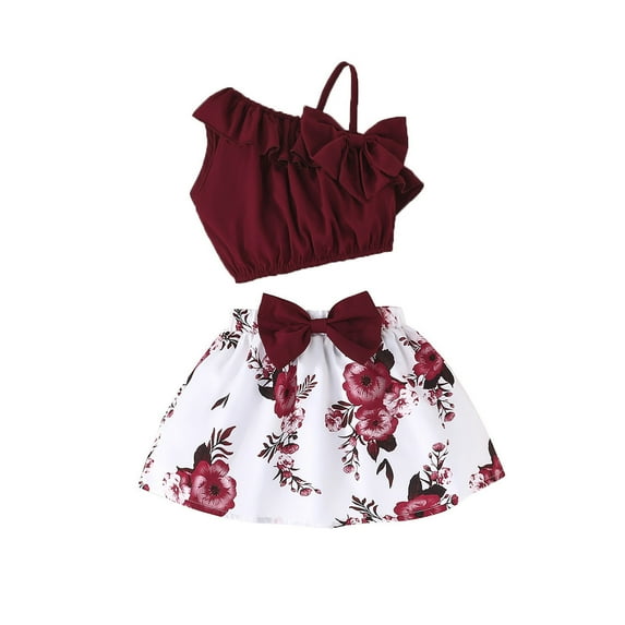 WRKEKC Summer Outfits for Girls, Baby Girl Outfits, Baby Girls' Summer Cute One-shoulder Sling Flower Pattern Skirt Casual Suit