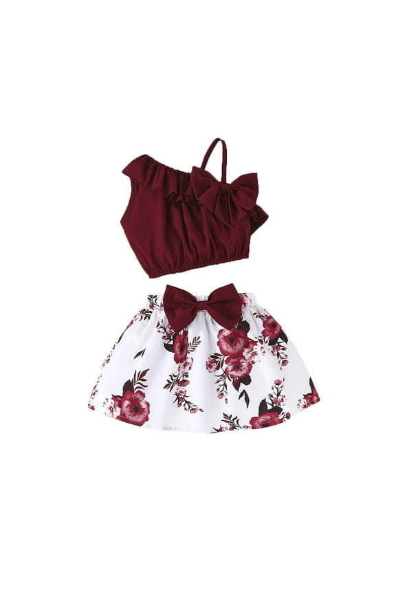 Summer Outfits for Girls, Baby Girl Outfits, Baby Girls' Summer Cute One-shoulder Sling Flower Pattern Skirt Casual Suit