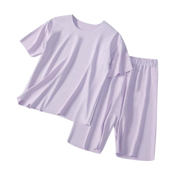 WRKEKC Summer Outfits for Girls Short Sleeve Round Neck Solid Color Top and Elastic Waist Pants Loungewear Set for 2-15 Years