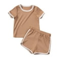 thumbnail image 1 of WRKEKC Summer Outfits for Girls Short Sleeve Round Neck Solid Color Top and Elastic Waist Shorts Casual Set for 1-6 Years, 1 of 8