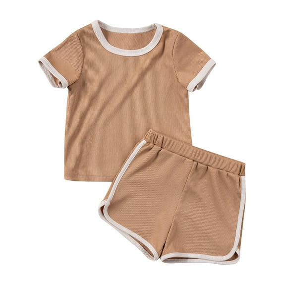 WRKEKC Summer Outfits for Girls Short Sleeve Round Neck Solid Color Top and Elastic Waist Shorts Casual Set for 1-6 Years