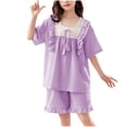 thumbnail image 1 of WRKEKC Summer Outfits for Girls Short Sleeve Square Neck Solid Color Top with Floral Lace and Shorts Loungewear Set for 4-18 Years, 1 of 6