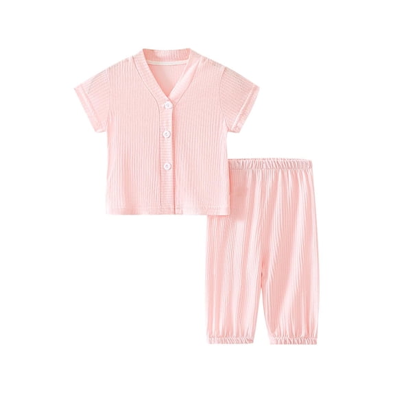 WRKEKC Summer Outfits for Girls Short Sleeve V-Neck Solid Color Button Up Cardigan and Elastic Waist Pants Set for 3 Months-4 Years