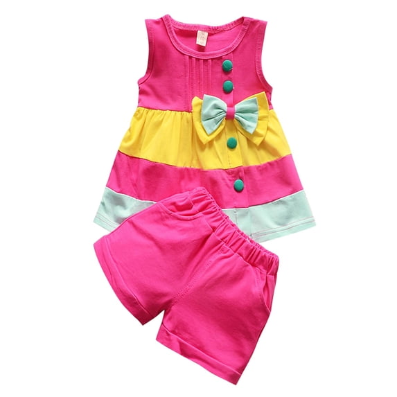 WRKEKC Summer Outfits for Girls Sleeveless Round Neck Color Block Bowknot Vest and Shorts Set Lightweight Comfortable for 0-4 Years