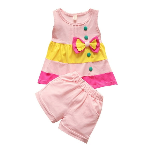 WRKEKC Summer Outfits for Girls Sleeveless Round Neck Color Block Bowknot Vest and Shorts Set Lightweight Comfortable for 0-4 Years