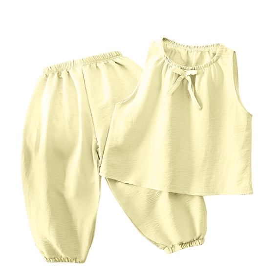 WRKEKC Summer Outfits for Girls Solid Color Sleeveless Bow Accent Top Elastic Waist Pants Set Loungewear for Kids 3-11 Years
