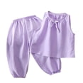 thumbnail image 1 of WRKEKC Summer Outfits for Girls Solid Color Sleeveless Bow Accent Top Elastic Waist Pants Set Loungewear for Kids 3-11 Years, 1 of 5