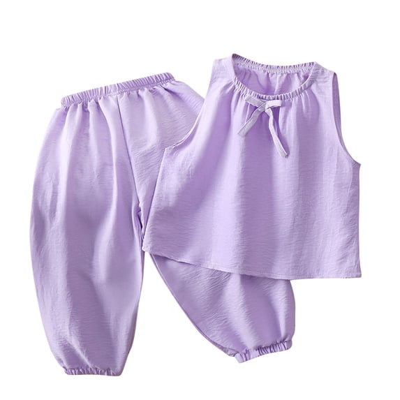 WRKEKC Summer Outfits for Girls Solid Color Sleeveless Bow Accent Top Elastic Waist Pants Set Loungewear for Kids 3-11 Years