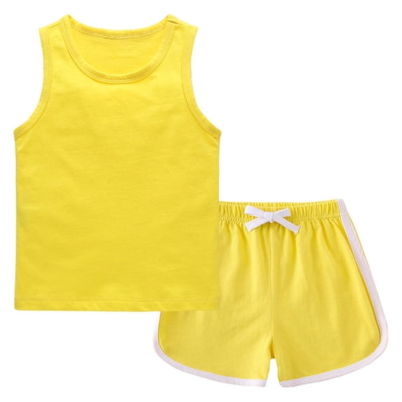 WRKEKC Summer Outfits for Girls Solid Sleeveless Round Neck Vest Top Elastic Waist Shorts Two Piece Set 1-12 Years