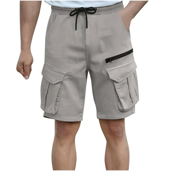 WRKEKC Summer Shorts for Men Solid Color Casual Elastic Waist Zipper Drawstring Pocket Work Shorts with Comfortable Fit and Functional Design