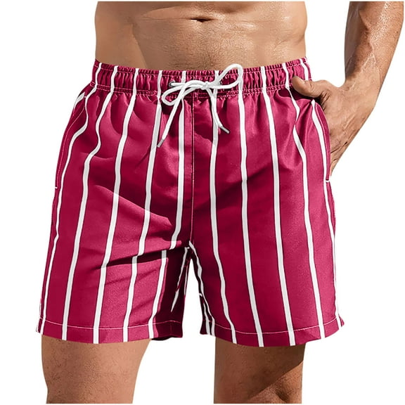 WRKEKC Summer Shorts for Men Stripe Print Elastic Waist Drawstring Pocket Beach Shorts with Lightweight Fabric for Vacation Use