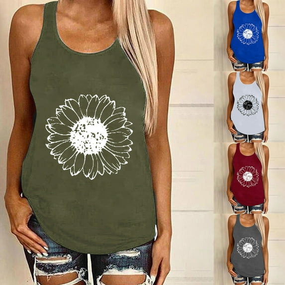 WRKEKC Summer T-Shirts for Women, Casual Tops for Women, Women's Printed Fitting Round Neck Sleeveless Suspender Tops