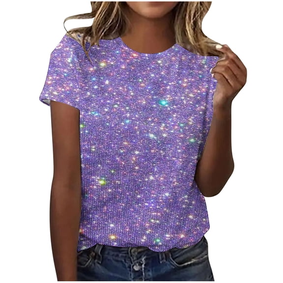 WRKEKC Summer T-Shirts for Women Glitter Print Round Neck Short Sleeve Top with Sparkle and Comfortable Fabric
