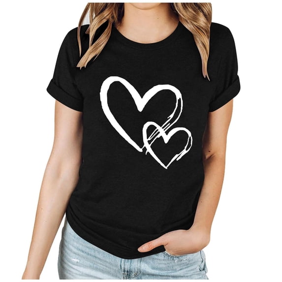 WRKEKC Summer T-Shirts for Women Valentine Day Print Round Neck Short Sleeve Casual T-Shirt Romantic Pattern Comfortable Fit