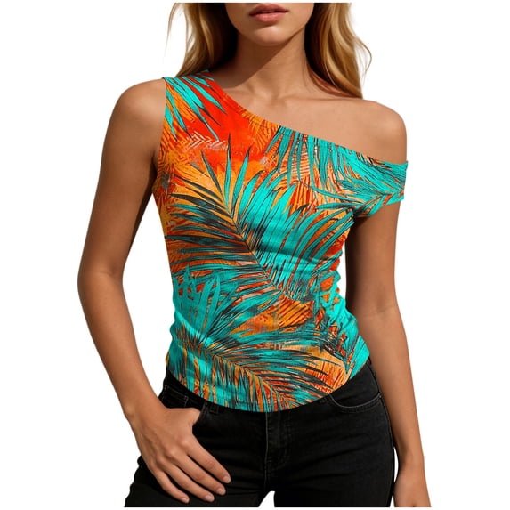 WRKEKC Summer Tank Tops for Women Floral Off Shoulder Slim Fit Sleeveless Casual Top with Ruffled Hem and Cropped Length