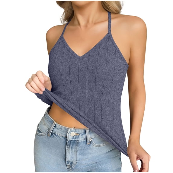 WRKEKC Summer Tank Tops for Women Halter V Neck Rib Knit Cami Tops Sleeveless Casual Fitted Camisole for Layering