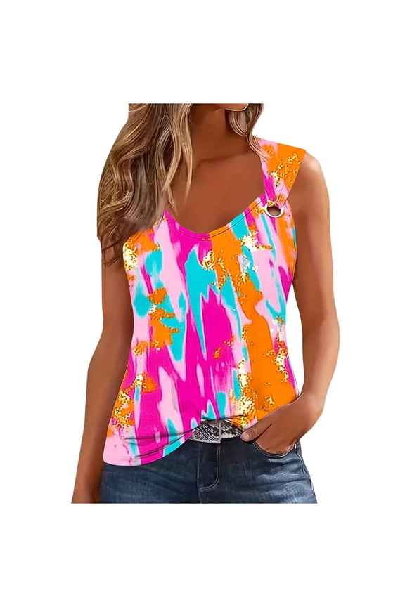 Summer Tank Tops for Women Print Sleeveless Loose Fit V-Neck Cami Racerback Tank Breathable Daily Lounge Top