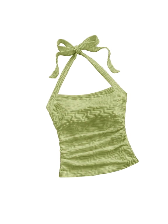 Summer Tank Tops for Women Solid Color Halter Neck Tie Back Sleeveless Crop Top Casual Tank Lightweight Daily
