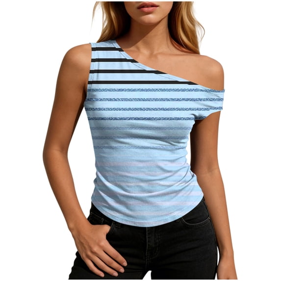 WRKEKC Summer Tank Tops for Women Striped Off Shoulder Slim Fit Sleeveless Casual Top with Ruffled Hem and Cropped Length