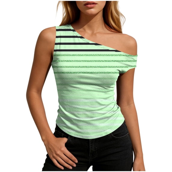 WRKEKC Summer Tank Tops for Women Striped Off Shoulder Slim Fit Sleeveless Casual Top with Ruffled Hem and Cropped Length
