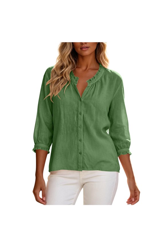 Summer Tops For Women Solid Ruffle Crew Neck 3/4 Puff Cuff Sleeve Button Down Light Linen Blend Casual Shirts