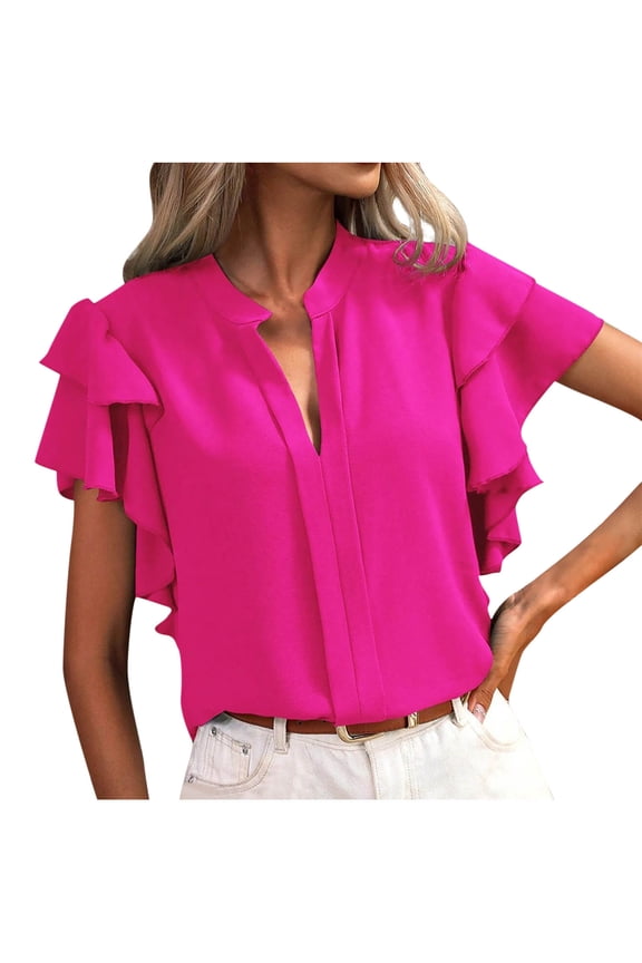 Trendy Casual Tops for Women V-Neck Double Ruffle Short Sleeve Solid Color Comfortable Stylish Everyday Tops