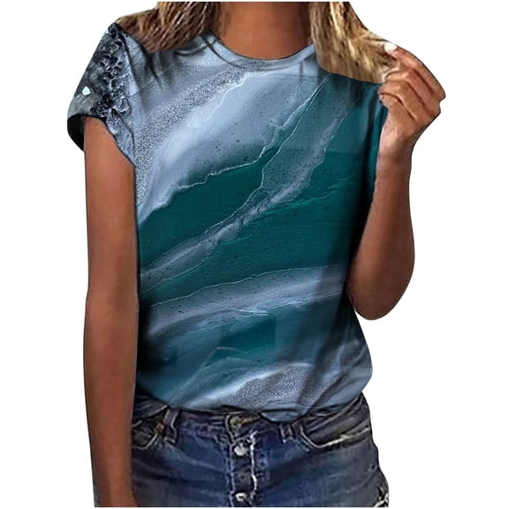 WRKEKC Summer Tops for Women Stone Wash Gradient Round Neck Short Sleeve T-Shirt with Soft Fabric Comfortable Fit