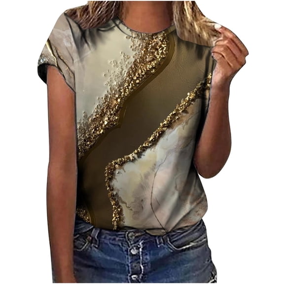 WRKEKC Summer Tops for Women Stone Wash Gradient Round Neck Short Sleeve T-Shirt with Soft Fabric Comfortable Fit