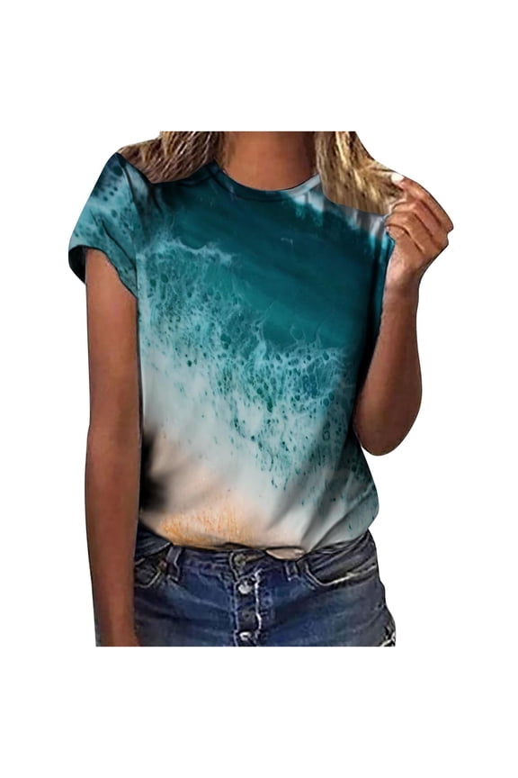 Summer Tops for Women Stone Wash Gradient Round Neck Short Sleeve T-Shirt with Soft Fabric Comfortable Fit