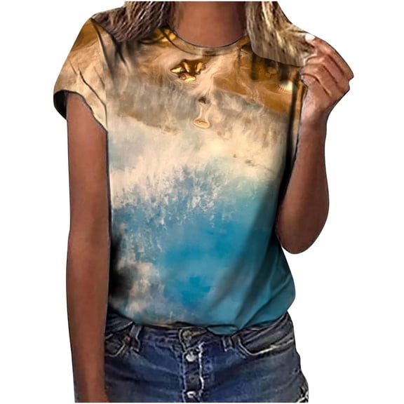 WRKEKC Summer Tops for Women Stone Wash Gradient Round Neck Short Sleeve T-Shirt with Soft Fabric Comfortable Fit