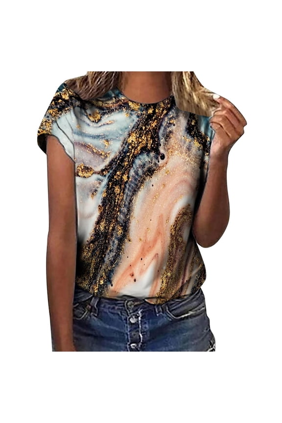 Summer Tops for Women Stone Wash Gradient Round Neck Short Sleeve T-Shirt with Soft Fabric Comfortable Fit